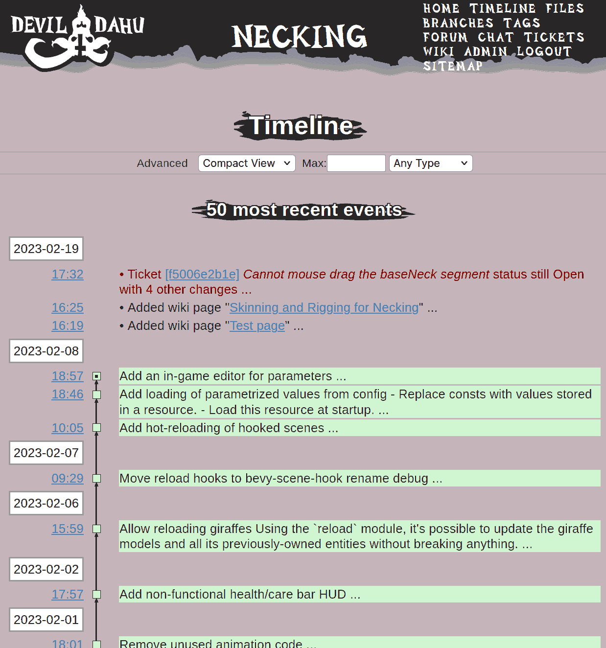 A screenshot of the necking fossil project timeline, with a site style
  similar to this one, the timeline stops at exactly the 2023-02-19