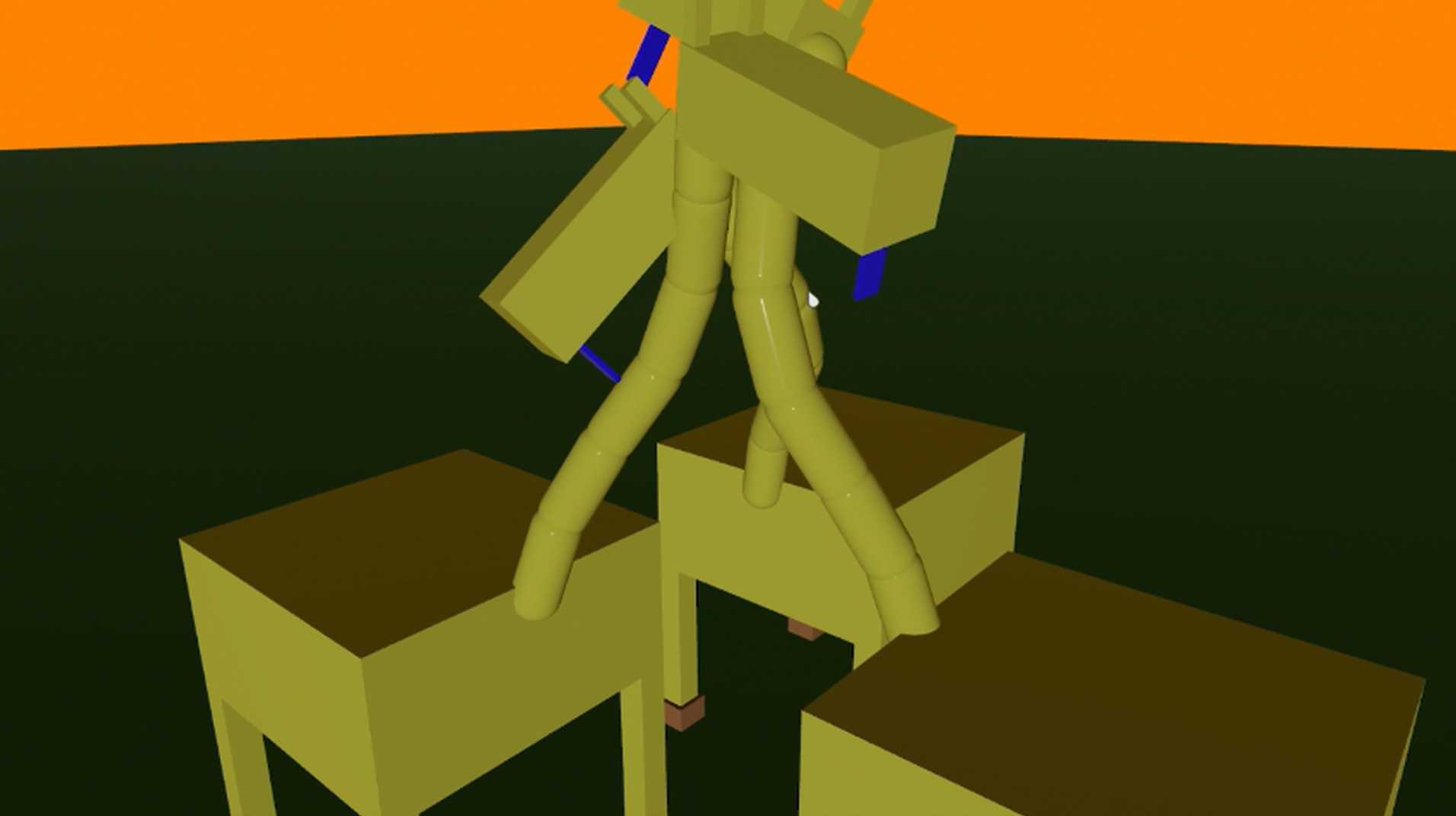 Three giraffes fighting, the giraffes are made of a large yellow box and
  seven default capsule 3d shapes for neck, the heads are also just a single
  box